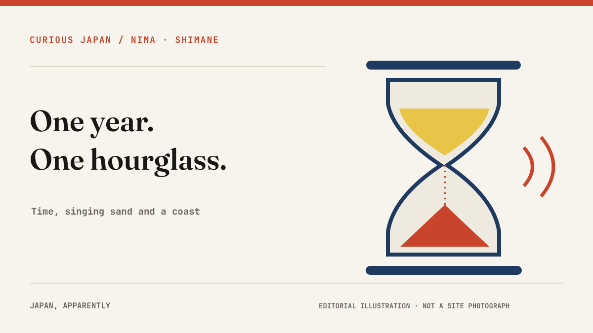 Editorial illustration of an hourglass and sound waves; not a photograph or technical diagram of Sunagoyomi